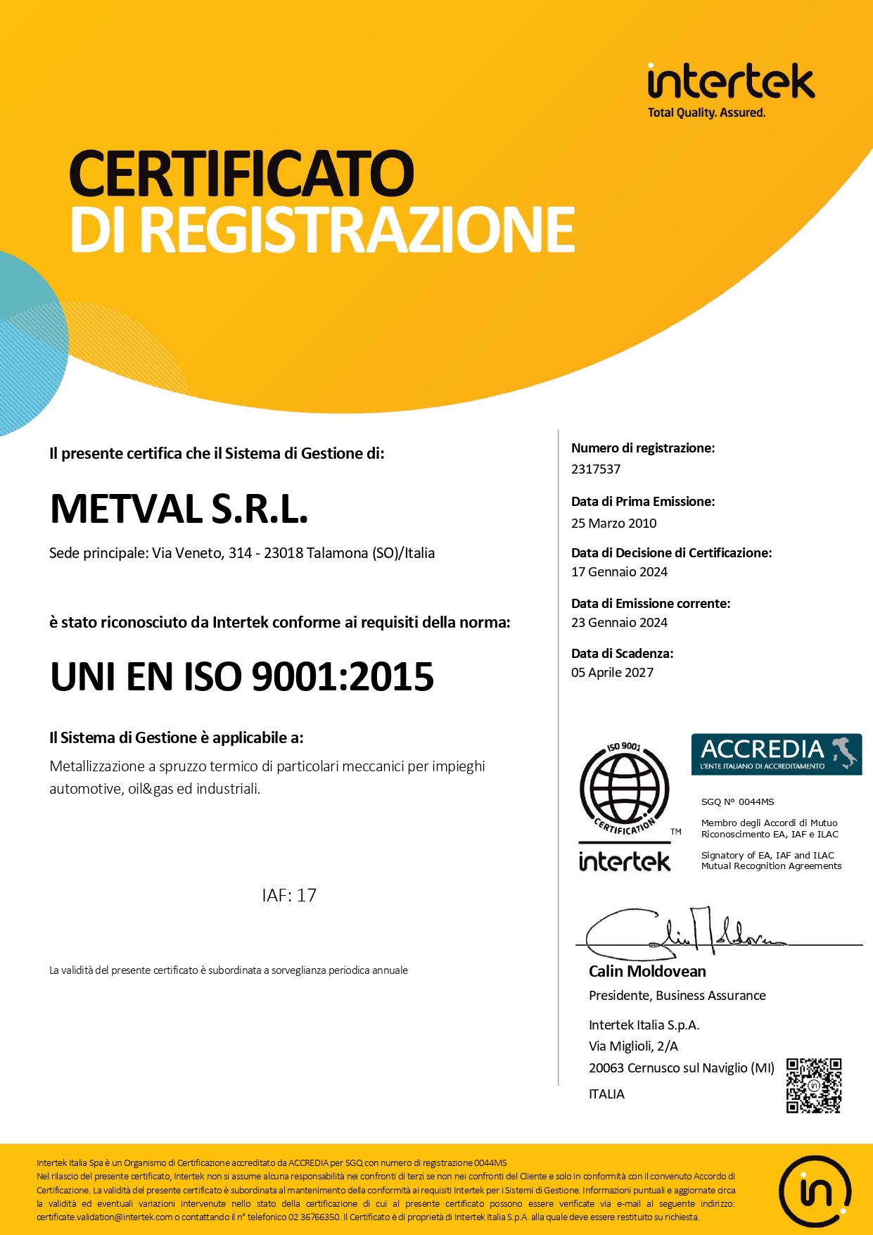 certificazione ISO Metval